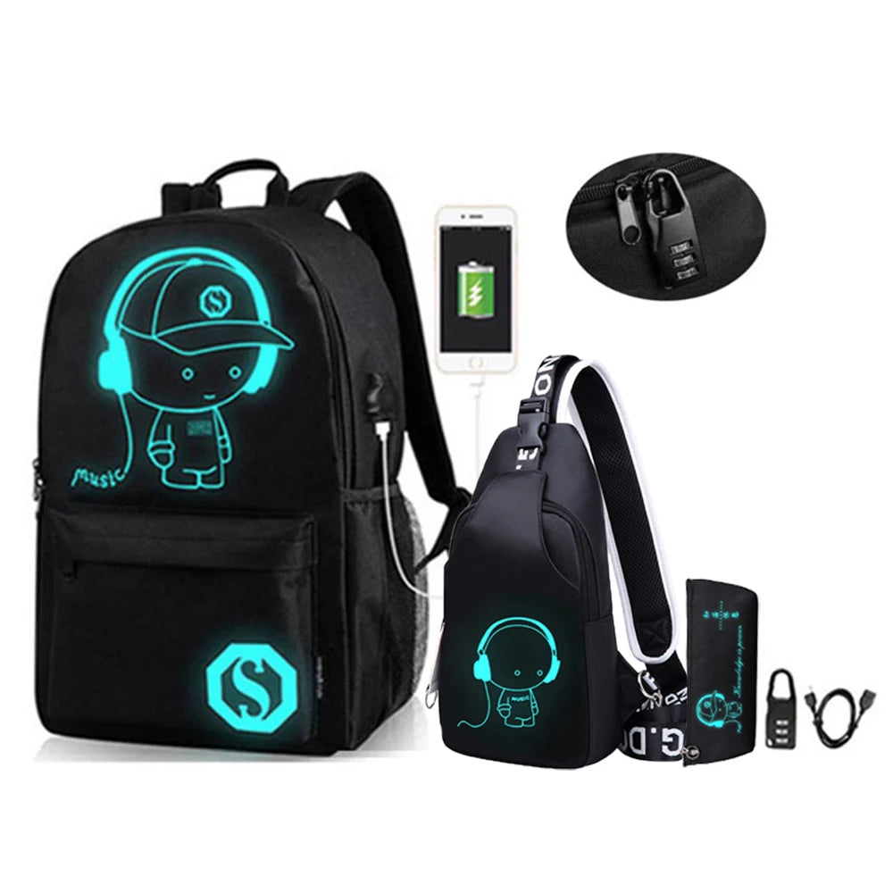 Anime Luminous Oxford School Backpack with USB Charging Port - Mac Mania