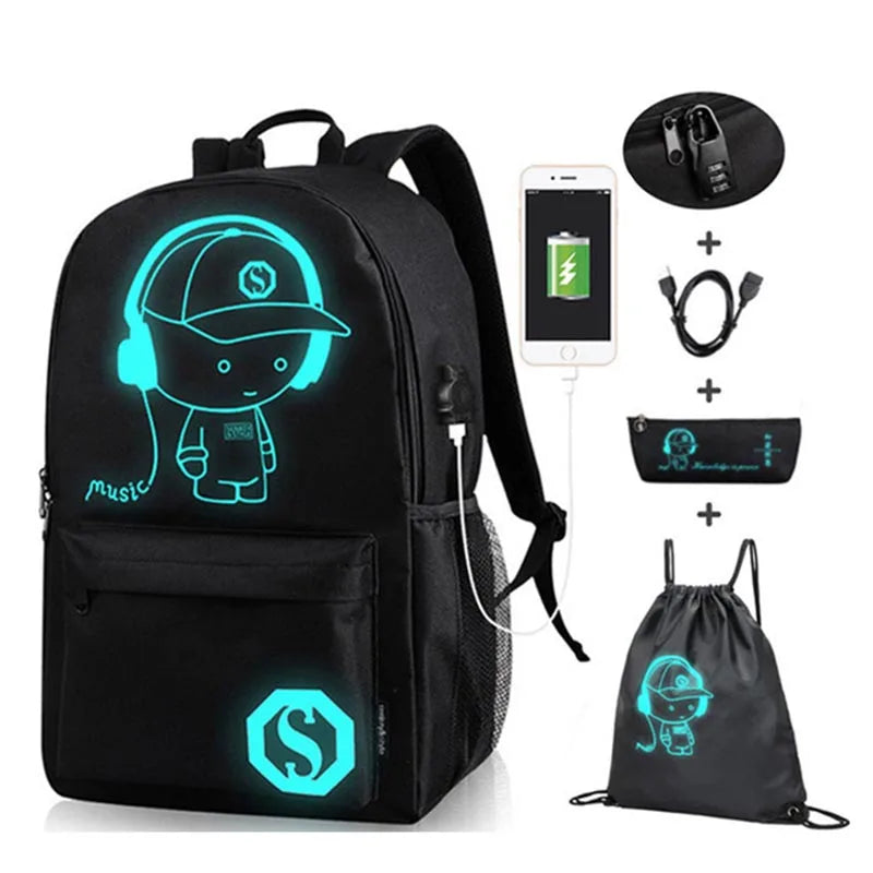 Anime Luminous Oxford School Backpack with USB Charging Port - Mac Mania