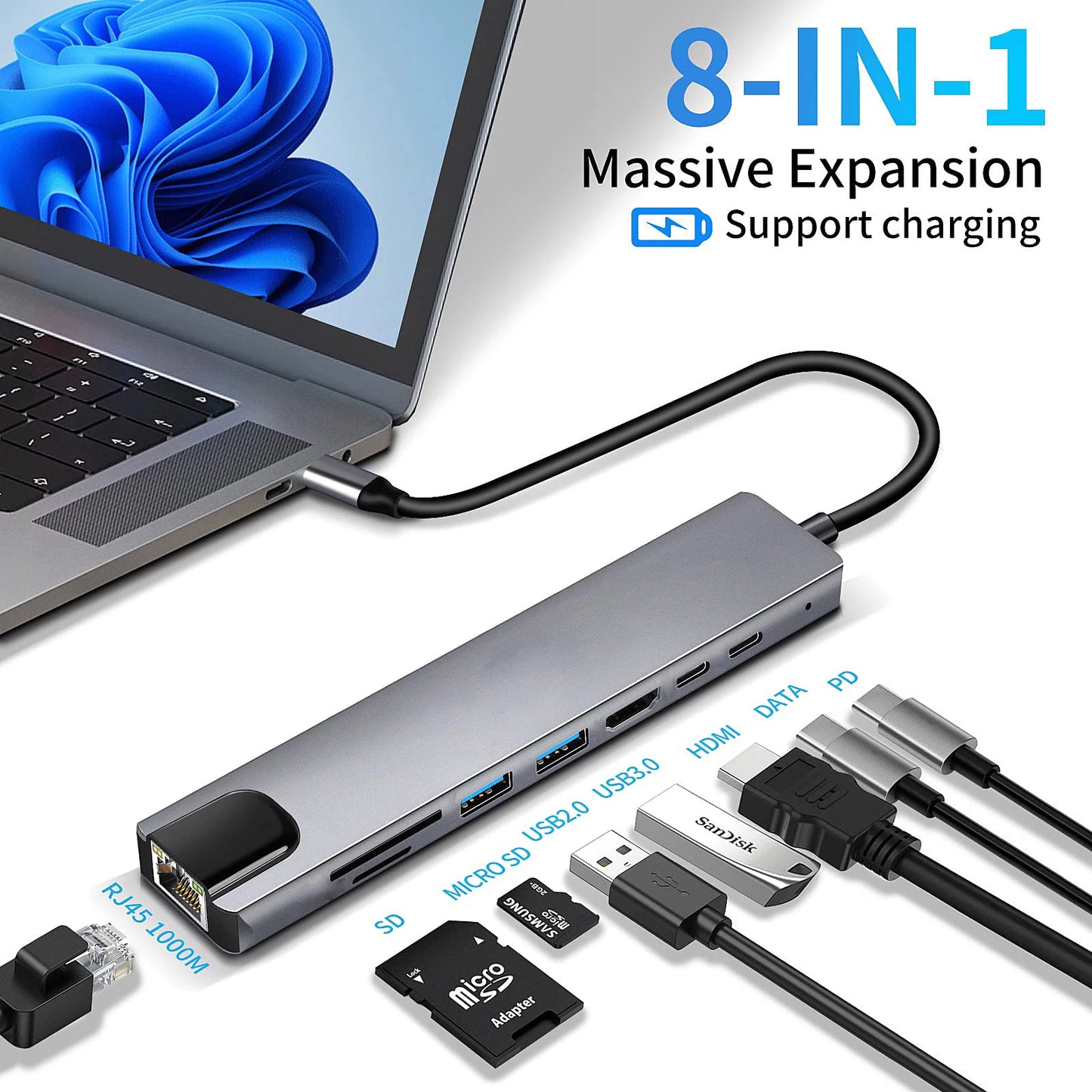 8-in-1 USB C Hub with 4K HDMI, RJ45, SD/TF Card Reader & Fast Charger - Mac Mania