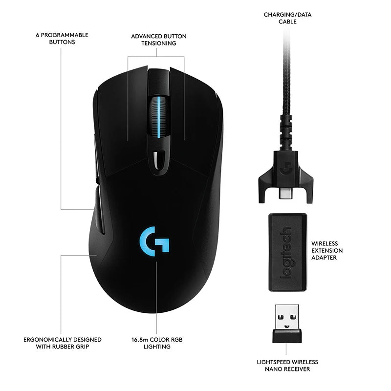 Logitech G703 Lightspeed Wireless Gaming Mouse Hero 25K Sensor Lightsync RGB Lightweight 95G+10G Optional - Mac Mania