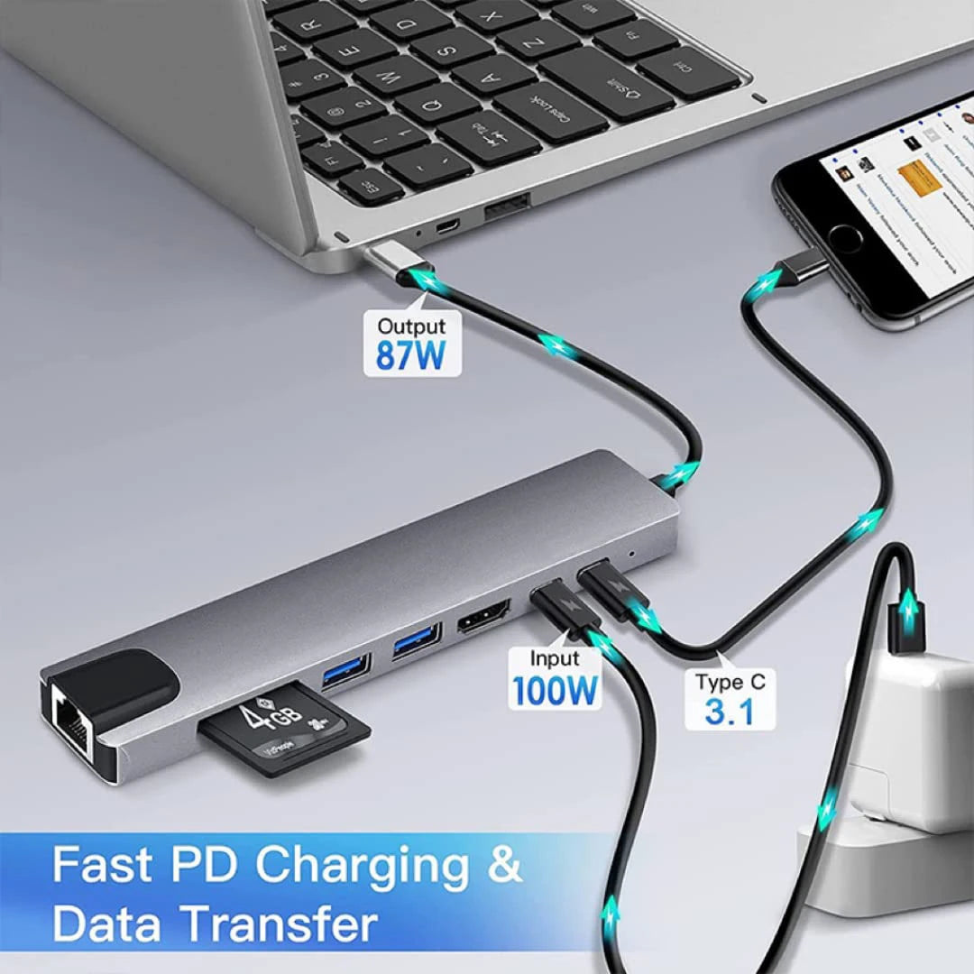 8-in-1 USB C Hub with 4K HDMI, RJ45, SD/TF Card Reader & Fast Charger - Mac Mania