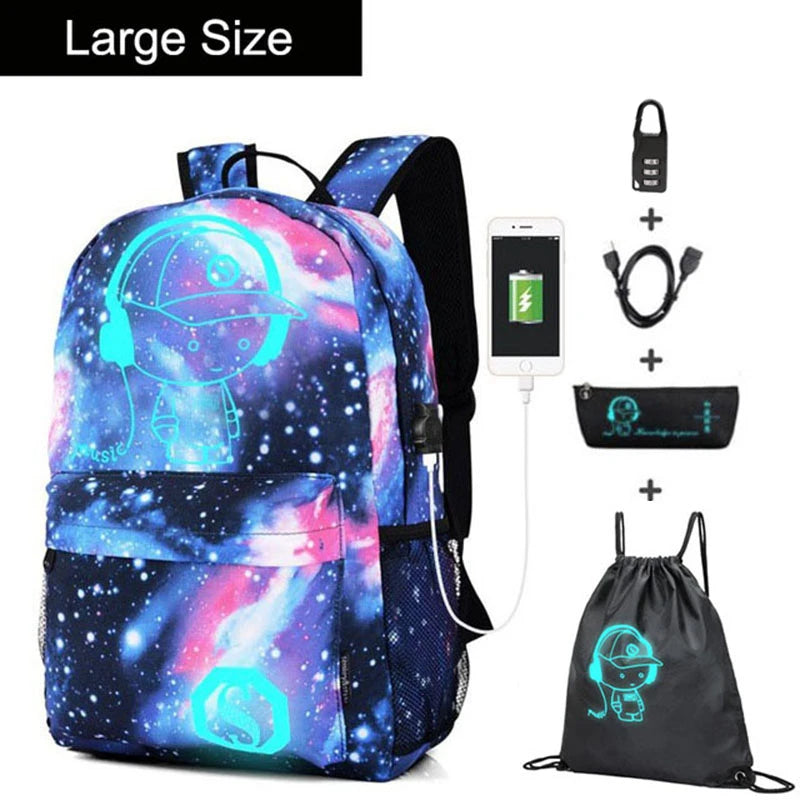 Anime Luminous Oxford School Backpack with USB Charging Port - Mac Mania