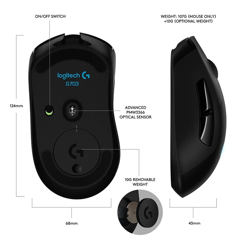 Logitech G703 Lightspeed Wireless Gaming Mouse Hero 25K Sensor Lightsync RGB Lightweight 95G+10G Optional - Mac Mania