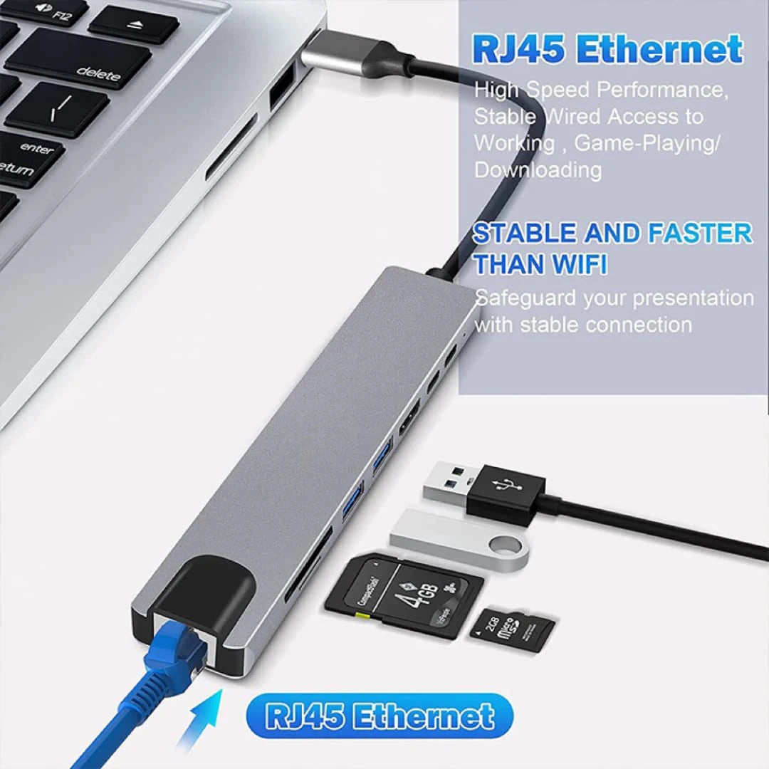 8-in-1 USB C Hub with 4K HDMI, RJ45, SD/TF Card Reader & Fast Charger - Mac Mania